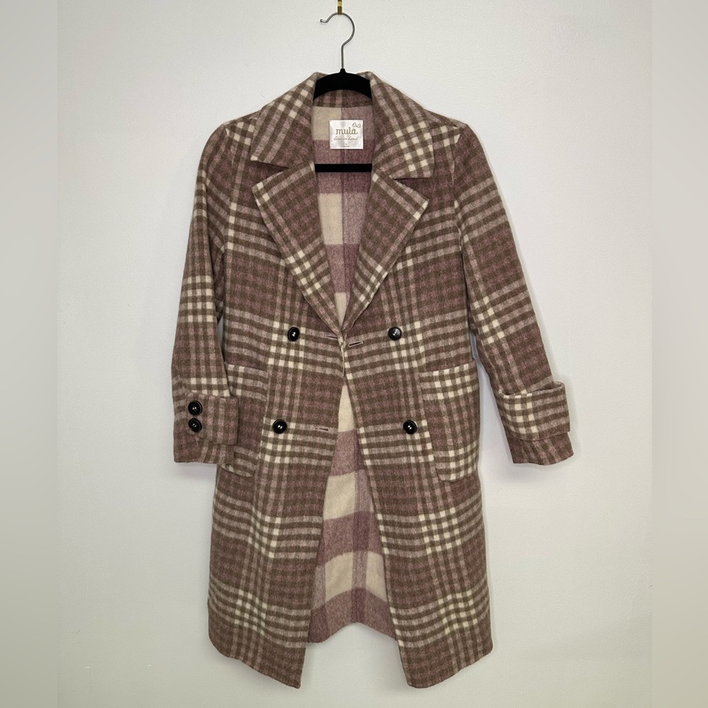 MULA Like New Plaid Pink and tan pea coat sz medium